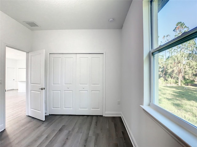 unfurnished bedroom with multiple windows, a closet, and wood-type flooring