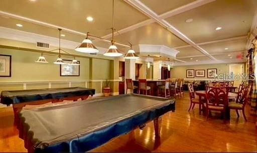 playroom with hardwood / wood-style floors, billiards, and coffered ceiling