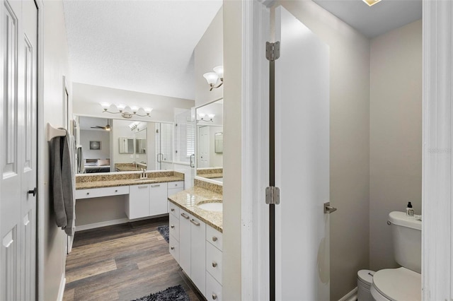 bathroom featuring toilet, vanity, a textured ceiling, and hardwood / wood-style flooring