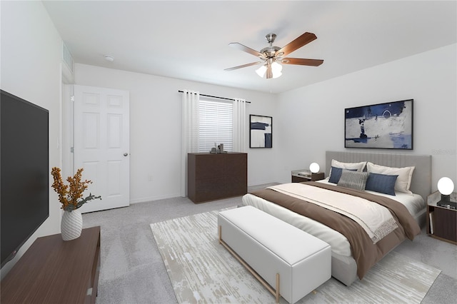 bedroom with light carpet and ceiling fan