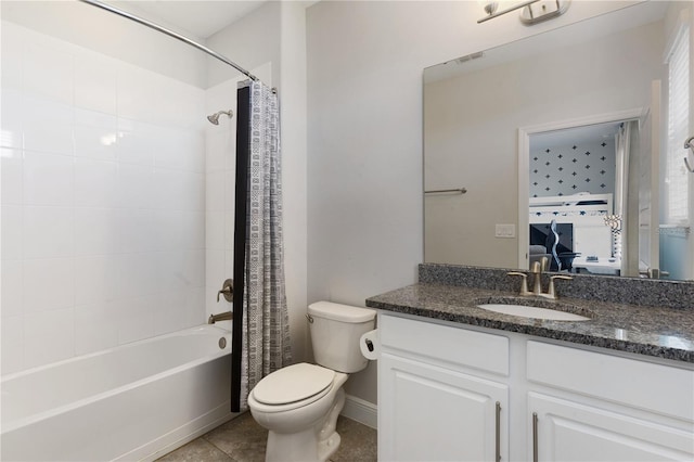 full bathroom with toilet, shower / tub combo with curtain, vanity, and tile patterned flooring