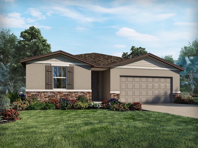 view of front of house with driveway, stucco siding, a front lawn, stone siding, and a garage