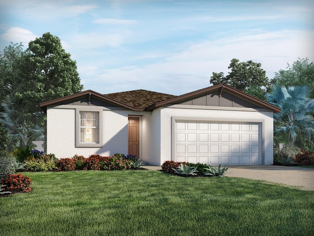 ranch-style house featuring a front lawn and a garage