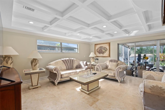 living room featuring beam ceiling and coffered ceiling