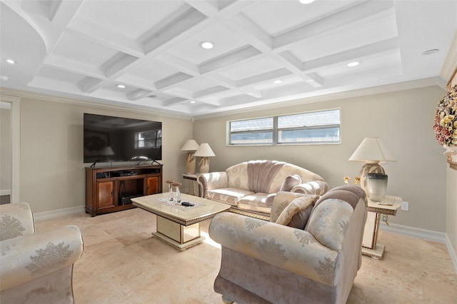 living room with baseboards, coffered ceiling, and beam ceiling