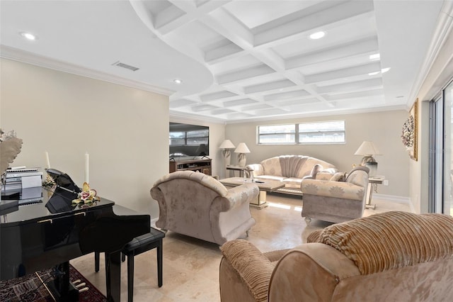 living room featuring crown molding, beamed ceiling, and coffered ceiling