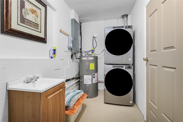 laundry room featuring stacked washer and dryer, water heater, electric panel, and sink