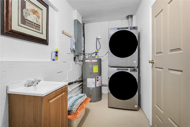 washroom with stacked washer and clothes dryer, electric water heater, a sink, laundry area, and electric panel