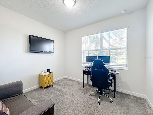 office with a textured ceiling and carpet flooring