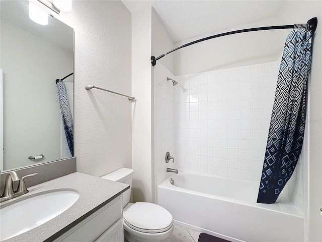 full bathroom with toilet, vanity, shower / bath combination with curtain, and tile patterned floors