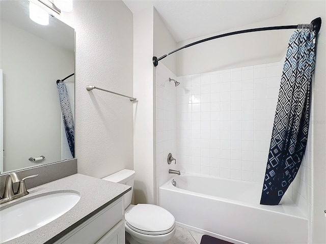 1490 Olympic Club Blvd, Champions Gate, FL 33896 - bathroom featuring shower / bathtub combination with curtain, vanity, toilet, and a textured wall