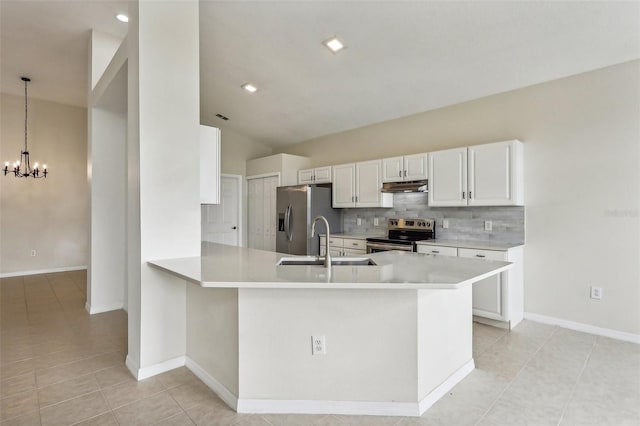 kitchen with backsplash, appliances with stainless steel finishes, hanging light fixtures, sink, and white cabinets