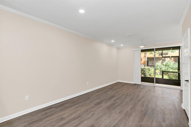 unfurnished room featuring dark hardwood / wood-style floors, crown molding, and ceiling fan