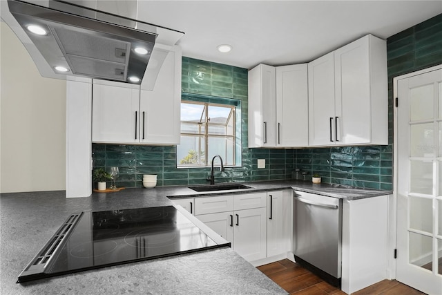 kitchen with dishwasher, white cabinets, dark wood-type flooring, and sink