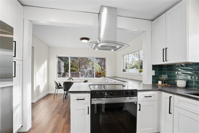 kitchen featuring backsplash, light hardwood / wood-style flooring, white cabinetry, island exhaust hood, and stainless steel appliances