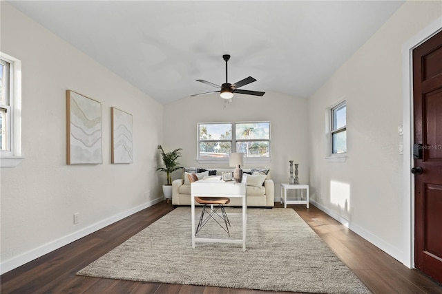 interior space featuring dark hardwood / wood-style floors, ceiling fan, and lofted ceiling