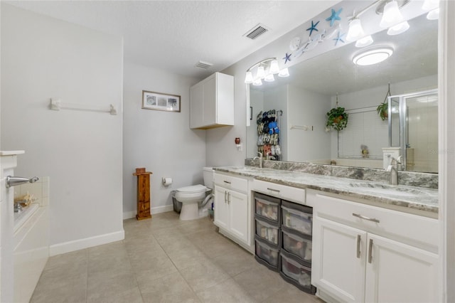 full bathroom featuring vanity, plus walk in shower, tile patterned floors, toilet, and a textured ceiling