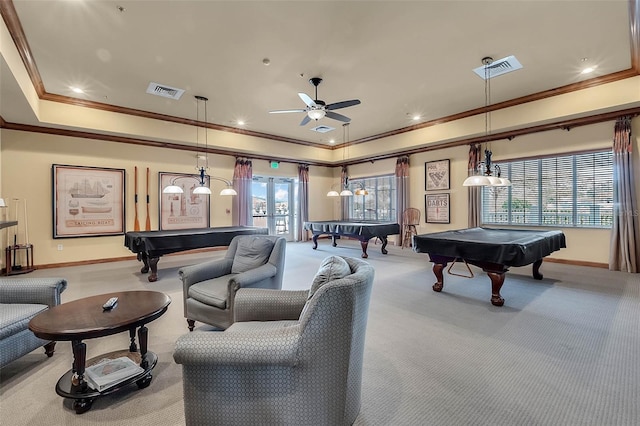 recreation room with ceiling fan, french doors, pool table, carpet, and ornamental molding