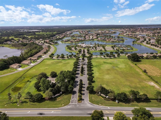 drone / aerial view with a water view