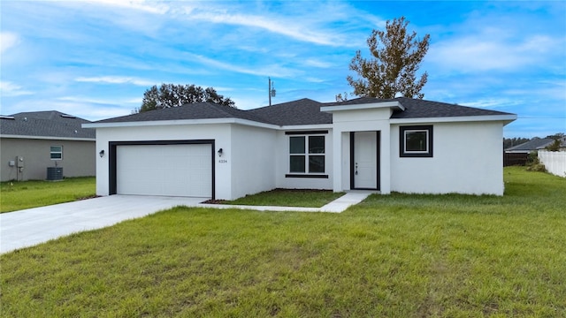 single story home featuring a garage, cooling unit, and a front lawn