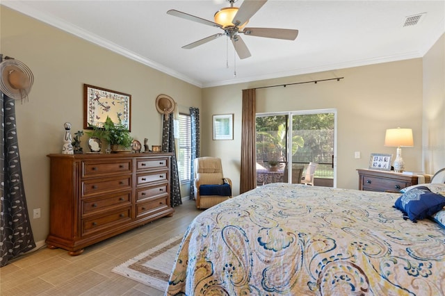 bedroom with access to outside, ceiling fan, crown molding, and multiple windows