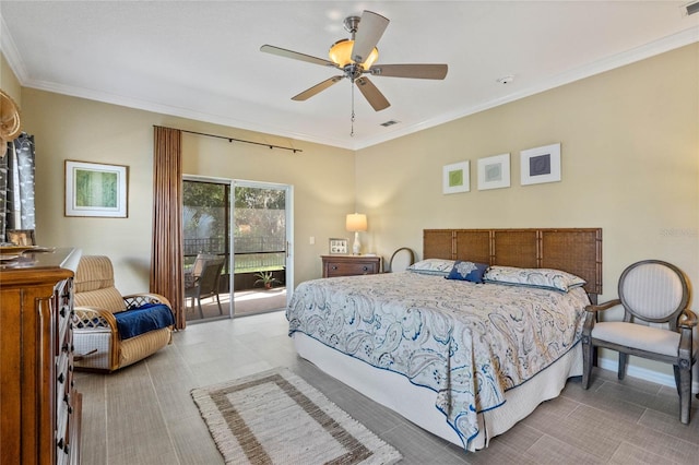 tiled bedroom featuring ceiling fan, access to outside, and crown molding