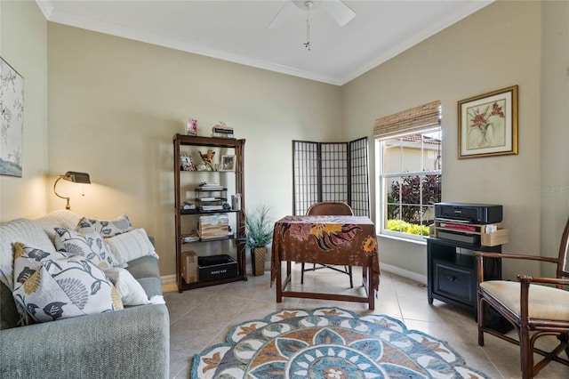 tiled home office featuring ornamental molding and ceiling fan