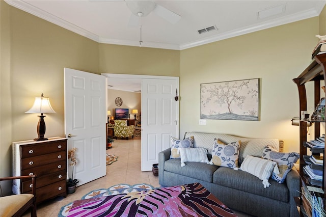 tiled living room featuring ornamental molding and ceiling fan