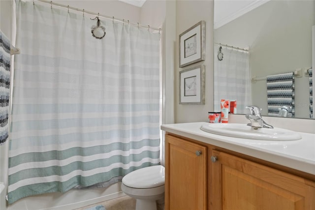 full bathroom featuring shower / tub combo, crown molding, vanity, and toilet