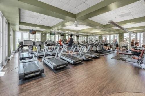 exercise room with a drop ceiling, ceiling fan, and wood-type flooring