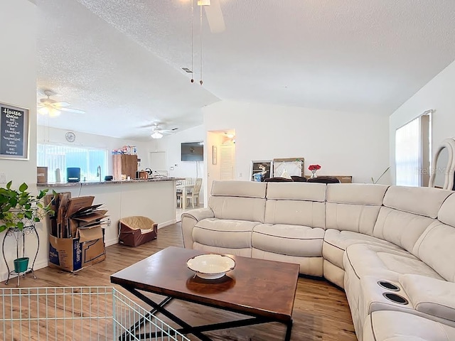 living room with lofted ceiling, hardwood / wood-style floors, and a textured ceiling