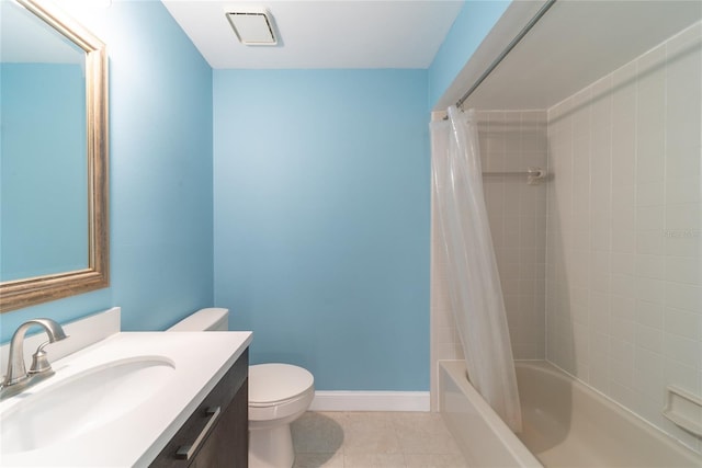 full bathroom featuring shower / bath combo, tile patterned flooring, vanity, and toilet