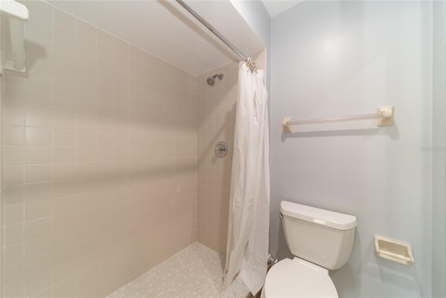 bathroom with toilet and a shower with shower curtain