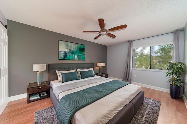 bedroom featuring ceiling fan and light hardwood / wood-style floors