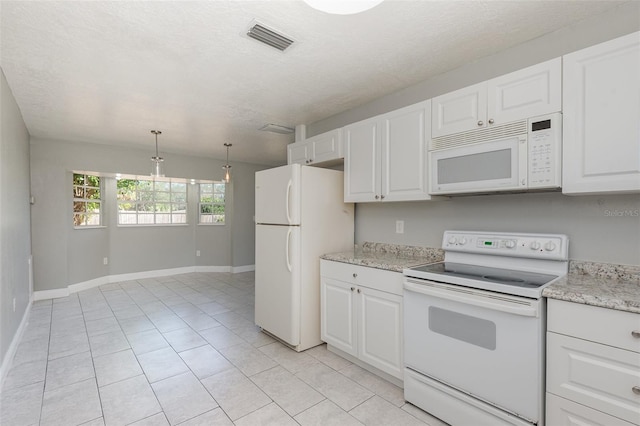 kitchen with white cabinetry, a textured ceiling, white appliances, light tile patterned floors, and a chandelier