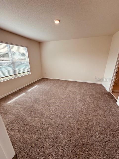 empty room with carpet, baseboards, and a textured ceiling