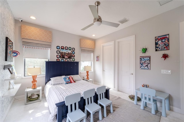 bedroom featuring ceiling fan and carpet floors