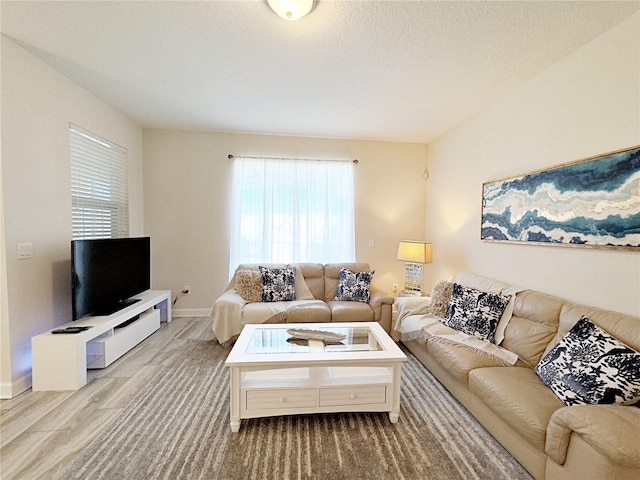 living room featuring light hardwood / wood-style floors and a textured ceiling