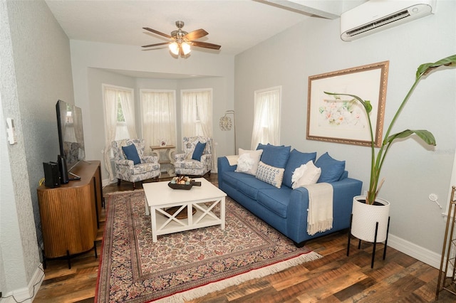 living room featuring a wall mounted air conditioner, ceiling fan, dark hardwood / wood-style flooring, and beamed ceiling