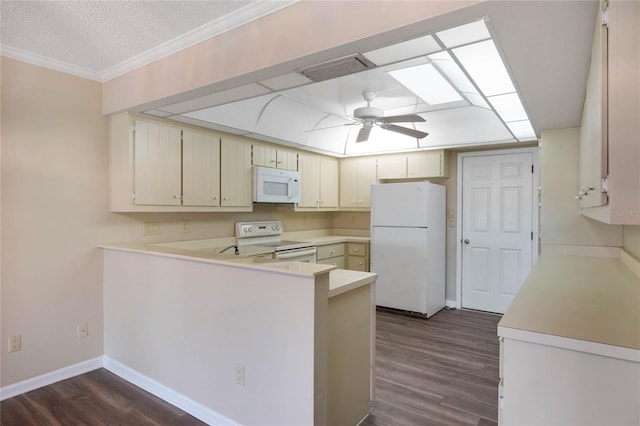 kitchen featuring kitchen peninsula, ceiling fan, white appliances, and dark hardwood / wood-style floors