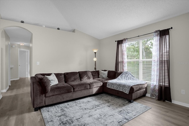 living room with hardwood / wood-style flooring, a textured ceiling, and lofted ceiling