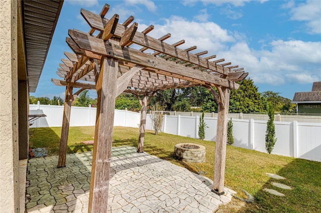 view of patio with an outdoor fire pit and a pergola