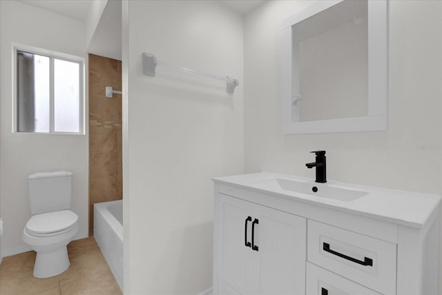 full bathroom with tiled shower / bath combo, vanity, tile patterned floors, and toilet