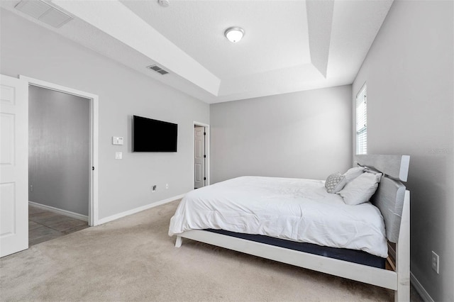 bedroom with carpet flooring and a raised ceiling