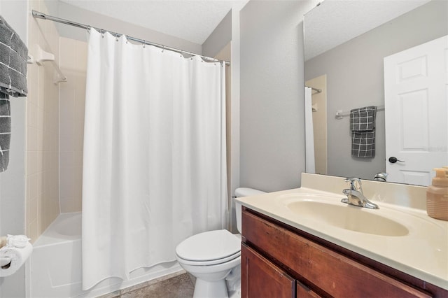 full bathroom featuring vanity, toilet, a textured ceiling, and shower / bath combination with curtain