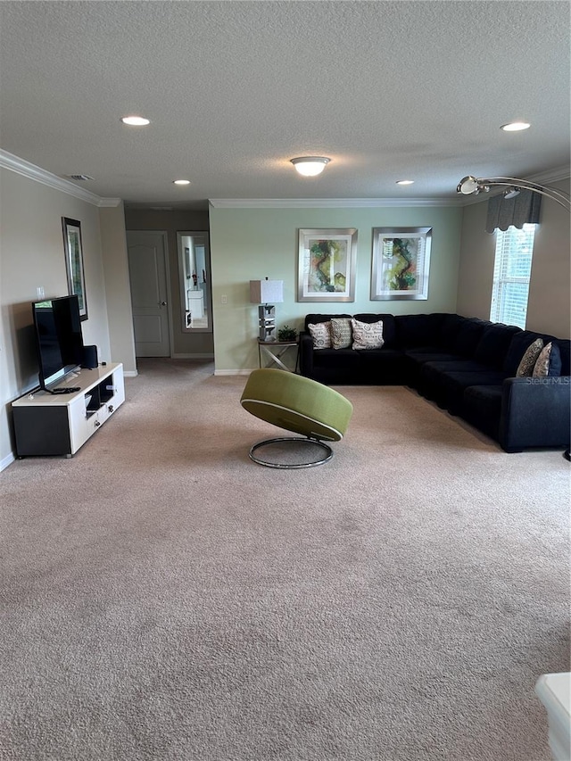 living room featuring carpet floors, a textured ceiling, and ornamental molding