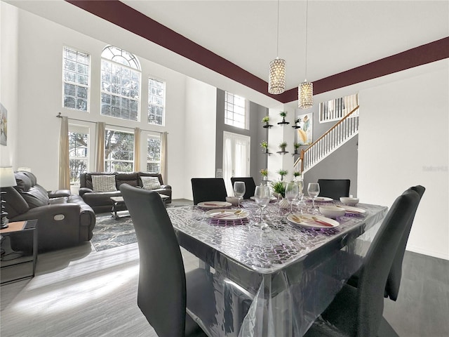 dining room with a towering ceiling and wood-type flooring