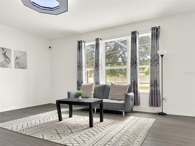 living area with wood-type flooring and a textured ceiling