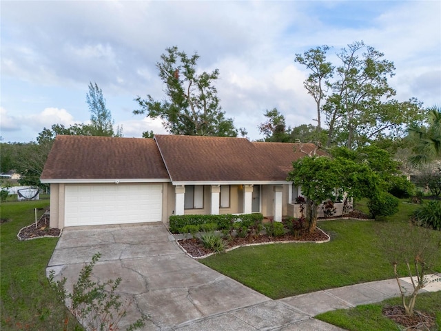 ranch-style house with a front lawn and a garage