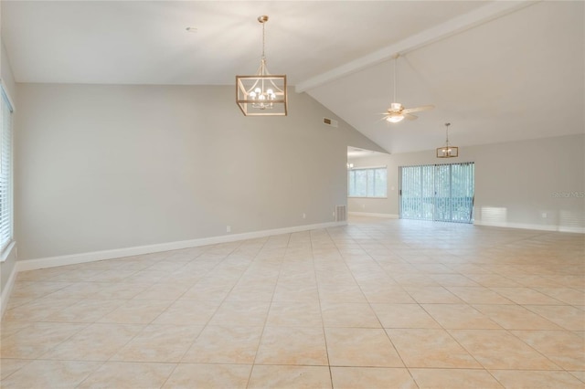 tiled empty room featuring ceiling fan with notable chandelier and lofted ceiling with beams